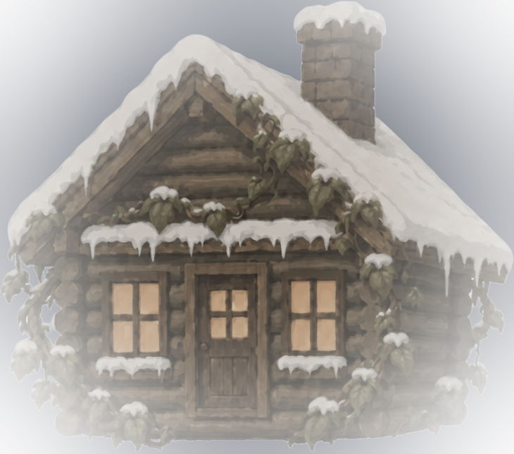 A snow-covered log cabin with lit windows, wrapped in bare vines